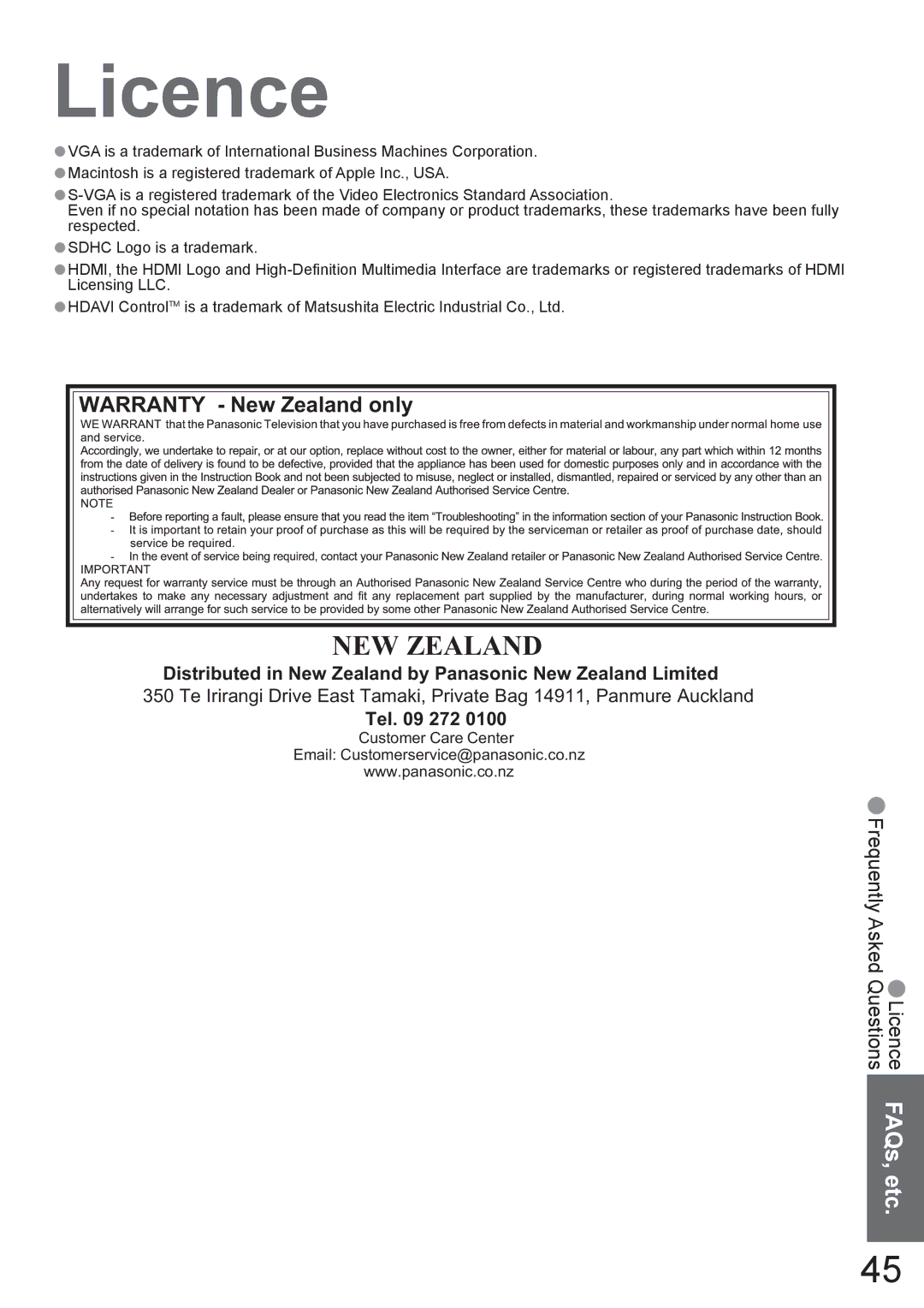 Panasonic TH-42PV80AZ Licence, Warranty New Zealand only, Distributed in New Zealand by Panasonic New Zealand Limited 