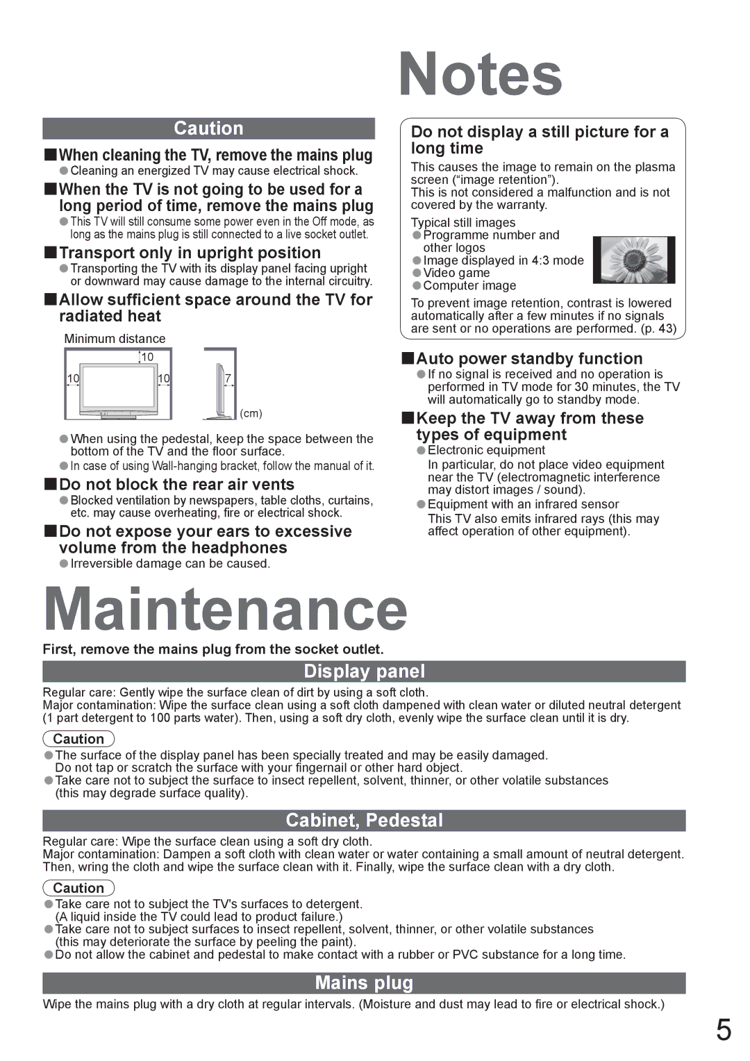 Panasonic TH-42PV80AZ, TH-50PV80AZ manual Maintenance, Display panel, Cabinet, Pedestal, Mains plug 