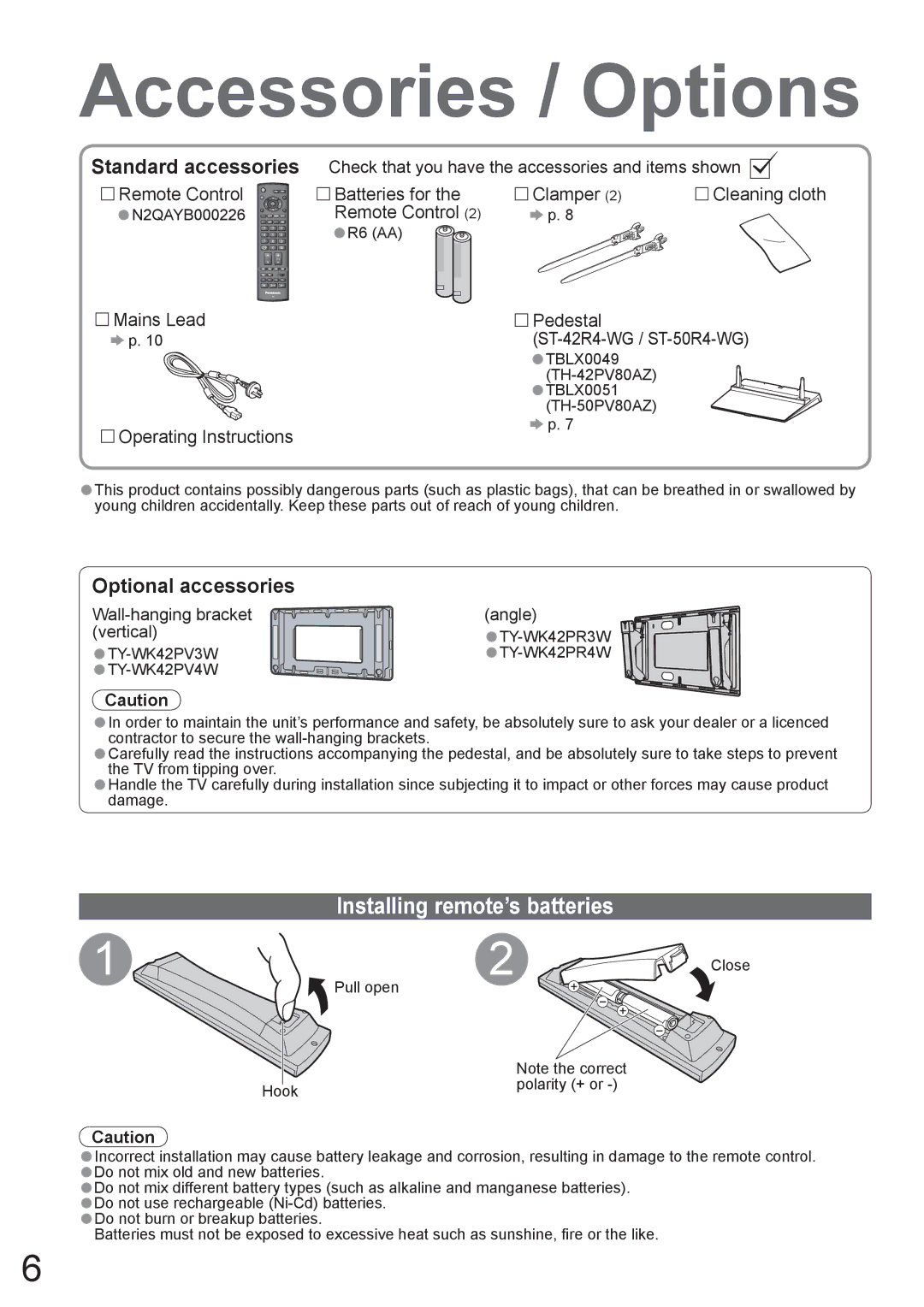 Panasonic TH-50PV80AZ, TH-42PV80AZ manual Installing remote’s batteries, Optional accessories 