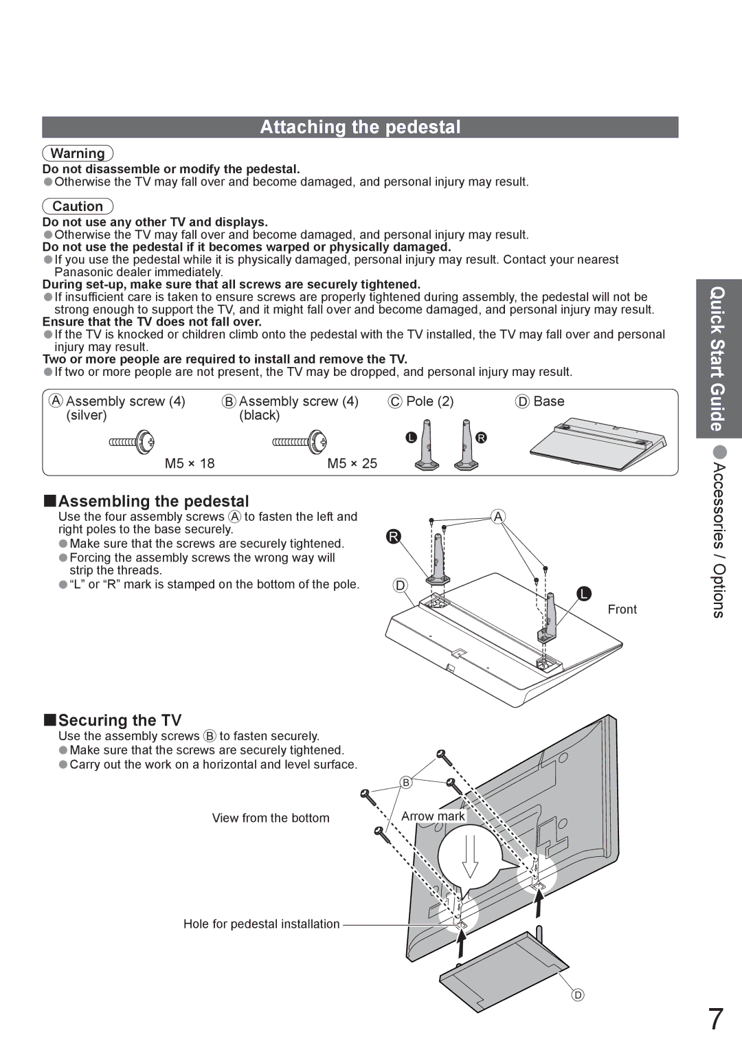 Panasonic TH-42PV80AZ, TH-50PV80AZ Attaching the pedestal, Quick Start Guide, Assembling the pedestal, Securing the TV 