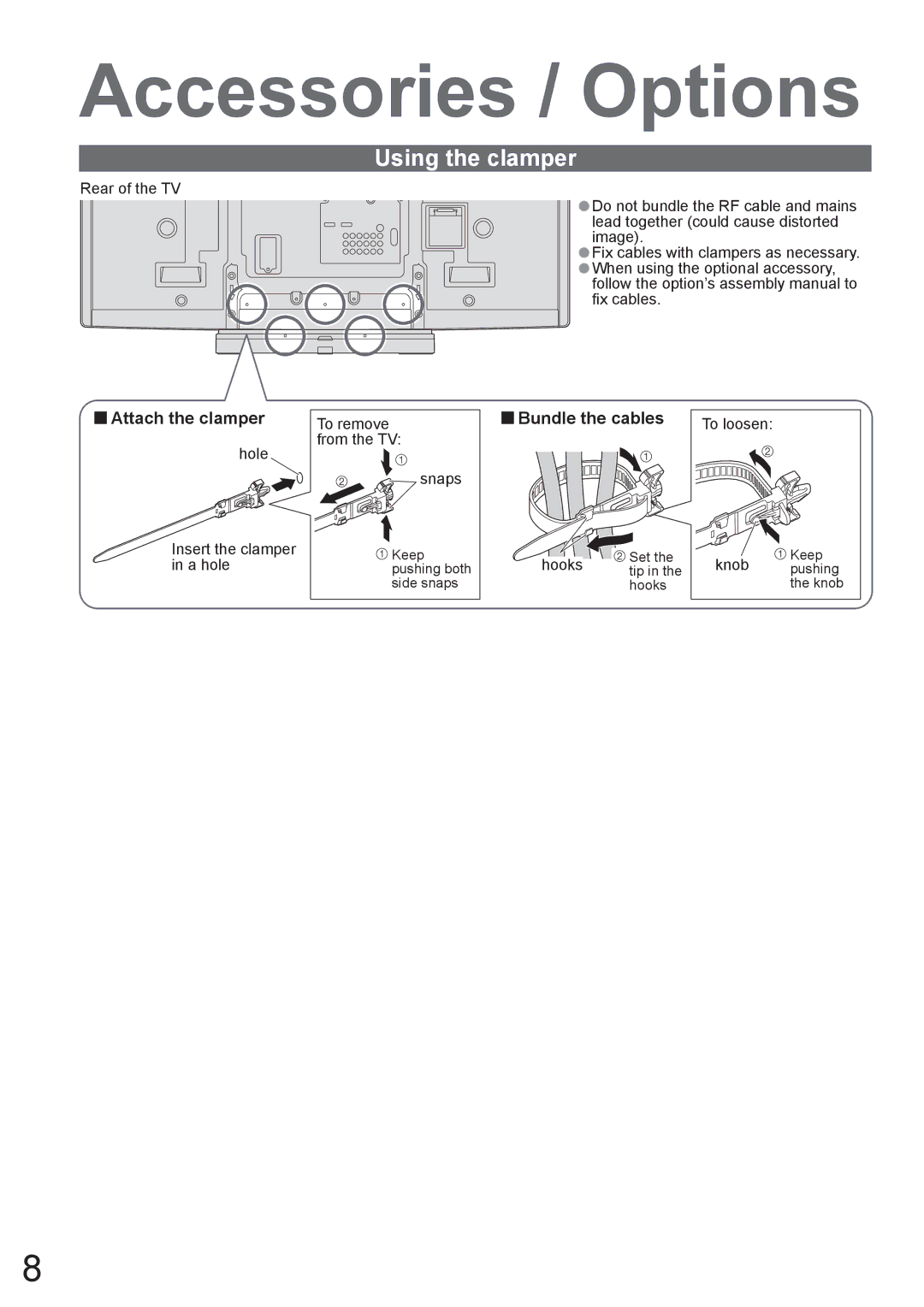 Panasonic TH-50PV80AZ, TH-42PV80AZ manual Accessories / Options, Using the clamper, Attach the clamper, Bundle the cables 