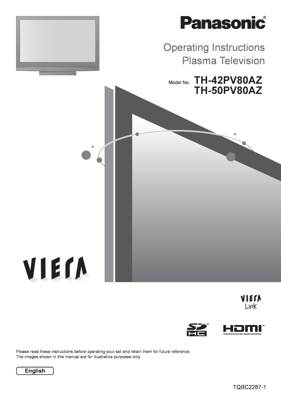 Panasonic manual Operating Instructions Plasma Television, Model No. TH-42PV80AZ TH-50PV80AZ, English, TQBC2287-1 
