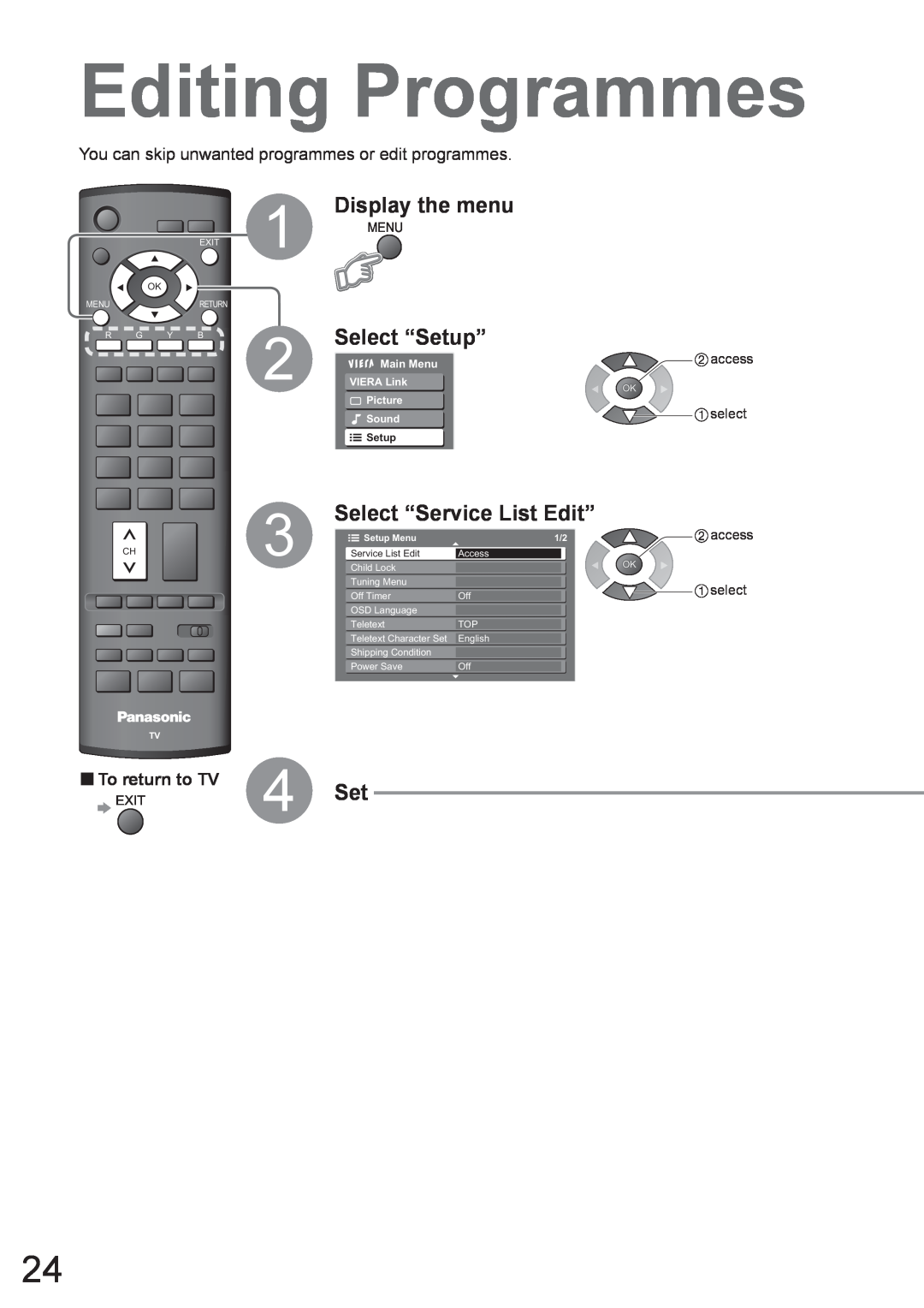 Panasonic TH-50PV80AZ Editing Programmes, Select “Setup”, Select “Service List Edit”, Display the menu, 1 2 4 5 7 8, Sound 