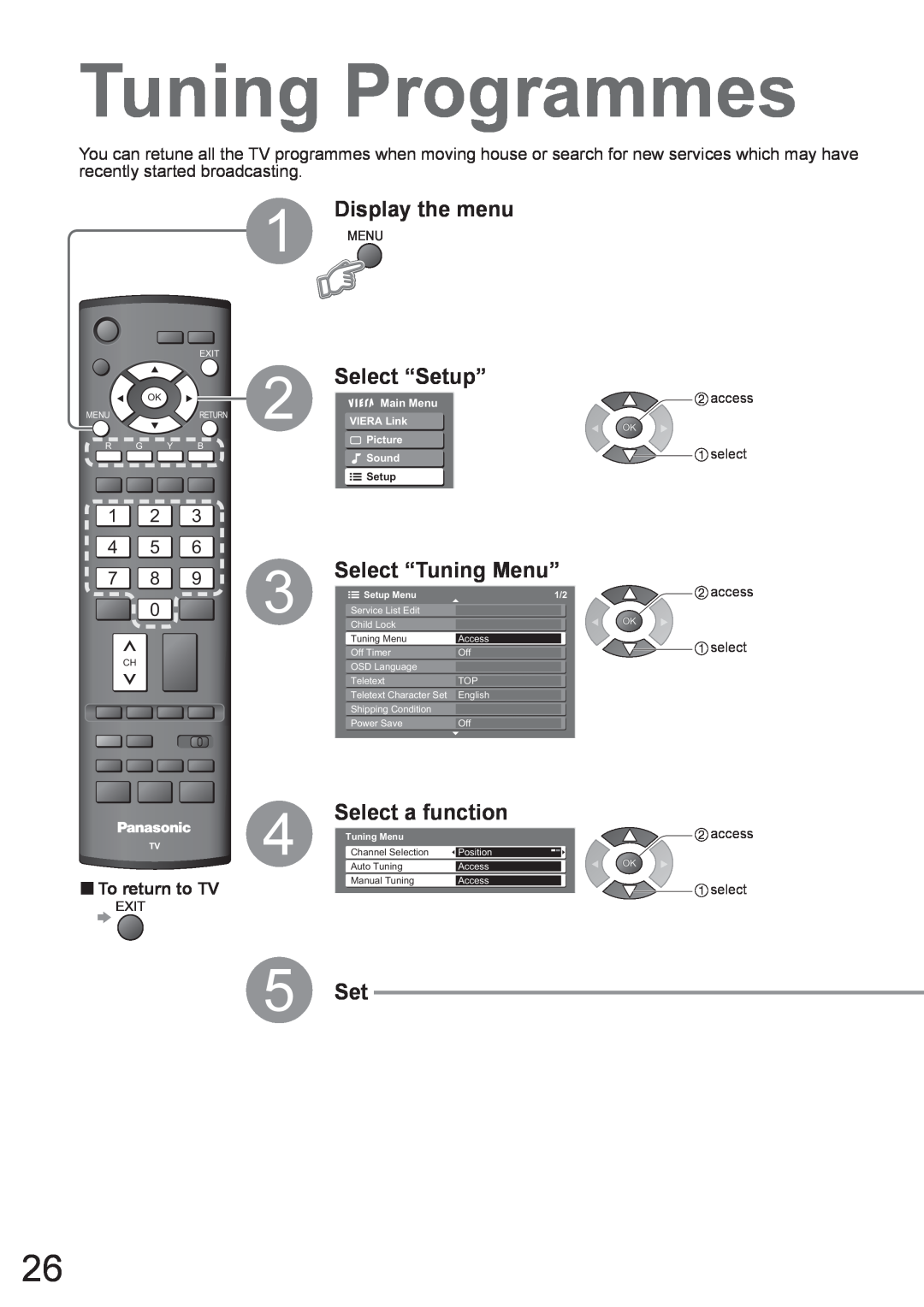 Panasonic TH-50PV80AZ Tuning Programmes, Select “Tuning Menu”, Select a function, 5 Set, Display the menu, Select “Setup” 