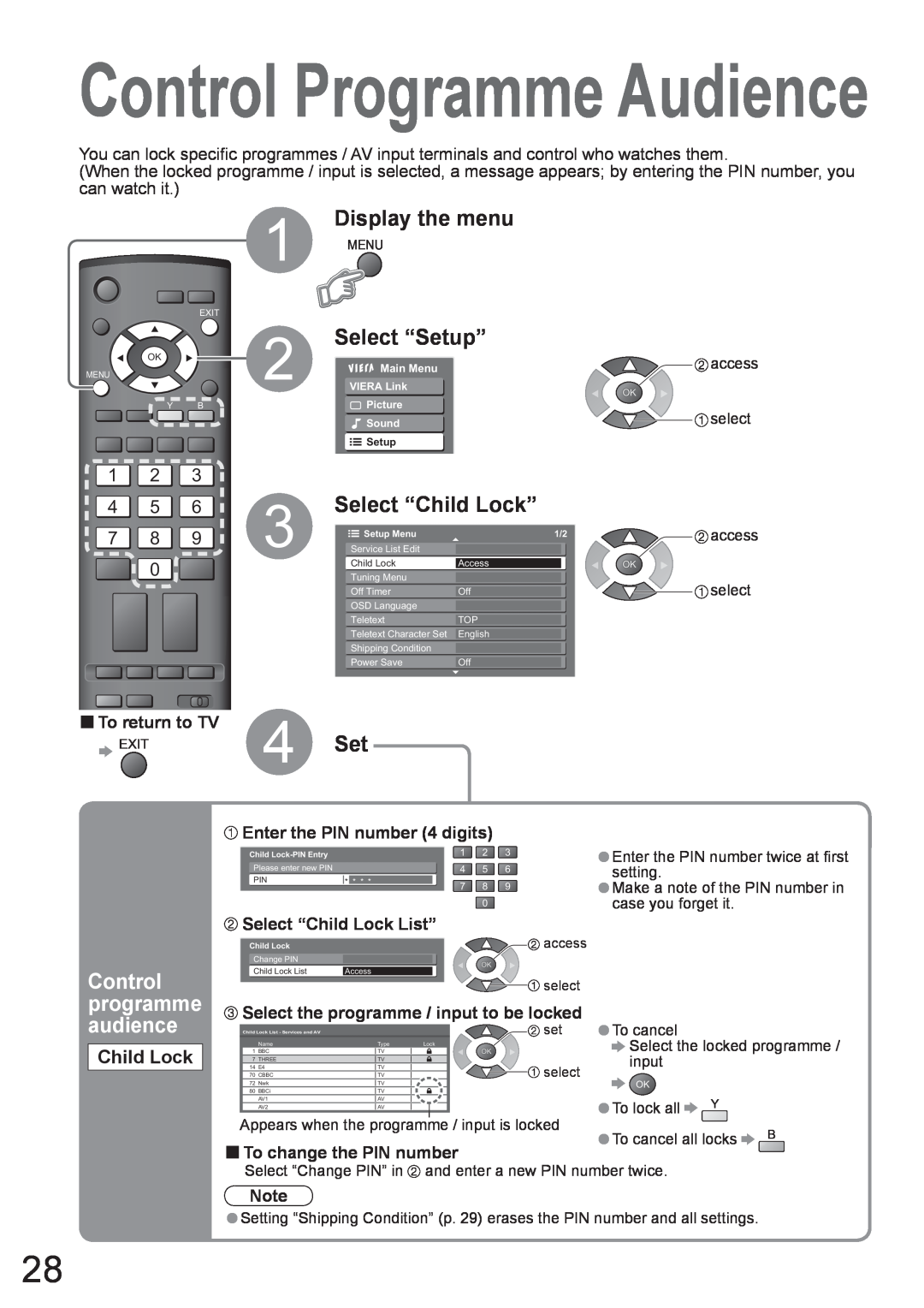 Panasonic TH-50PV80AZ Select “Child Lock”, 4 Set, Control programme audience, Control Programme Audience, Display the menu 
