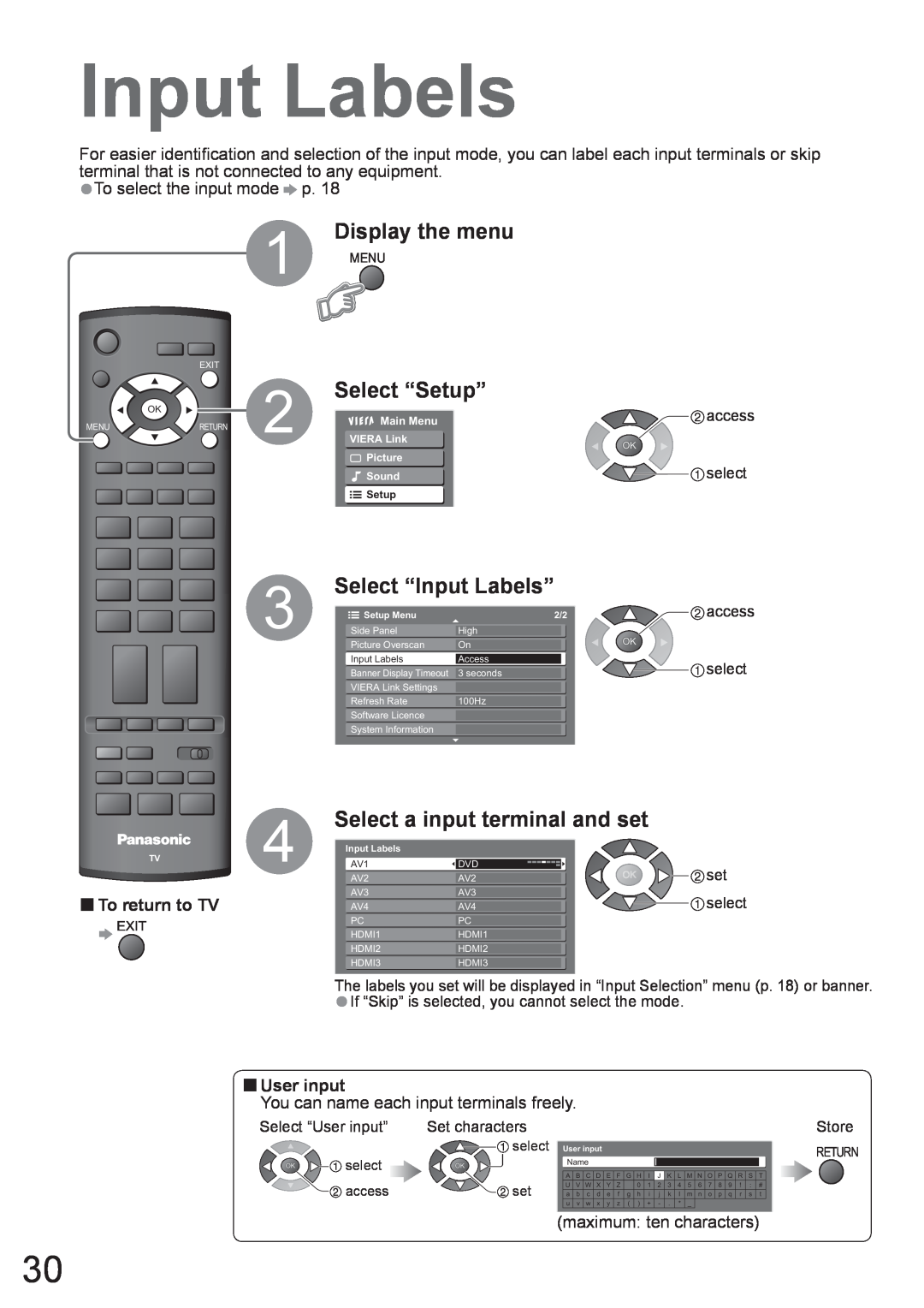 Panasonic TH-50PV80AZ Select “Input Labels”, Select a input terminal and set, Display the menu, Select “Setup”, access 