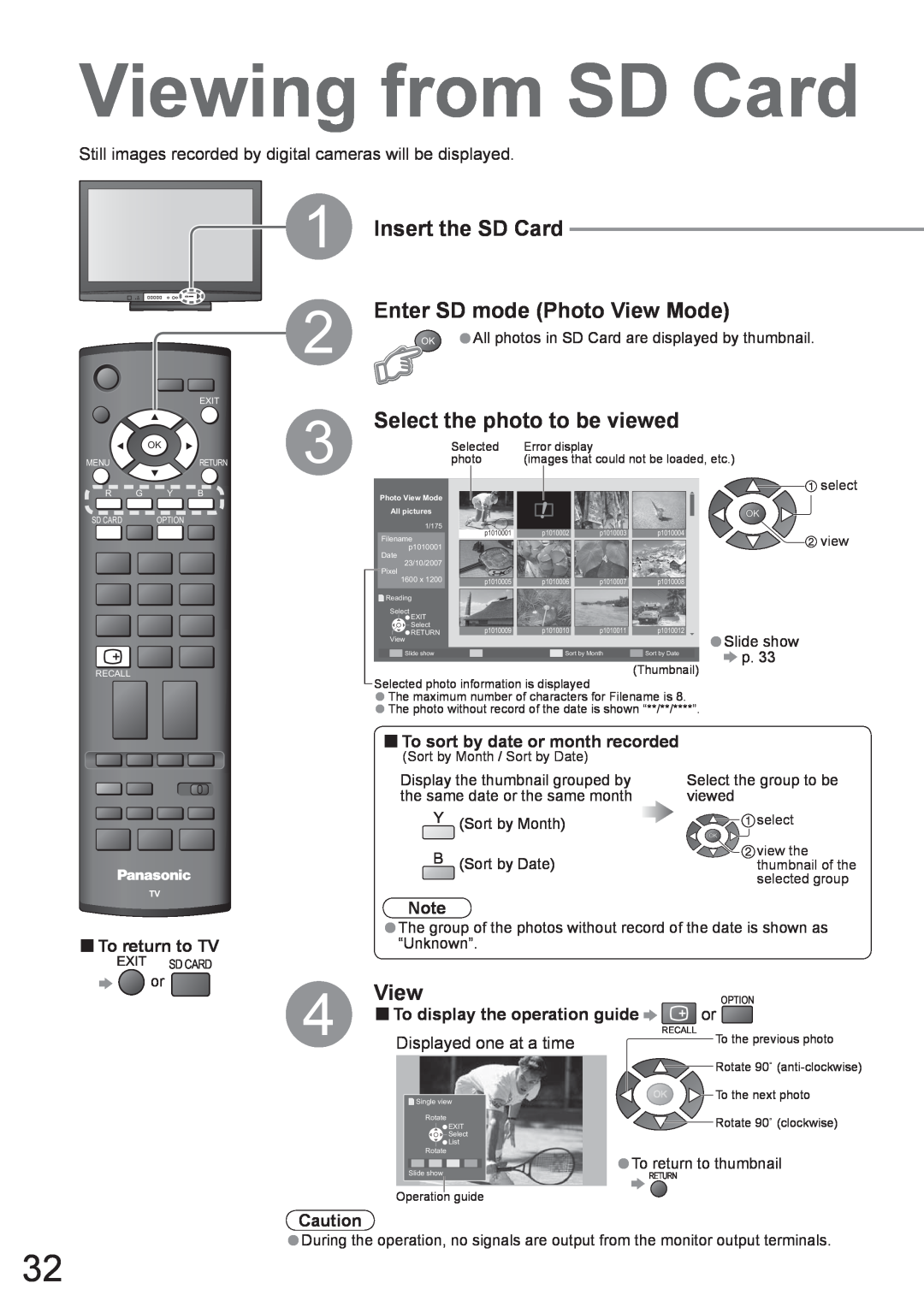 Panasonic TH-50PV80AZ manual Viewing from SD Card, Insert the SD Card, Enter SD mode Photo View Mode, To return to TV 