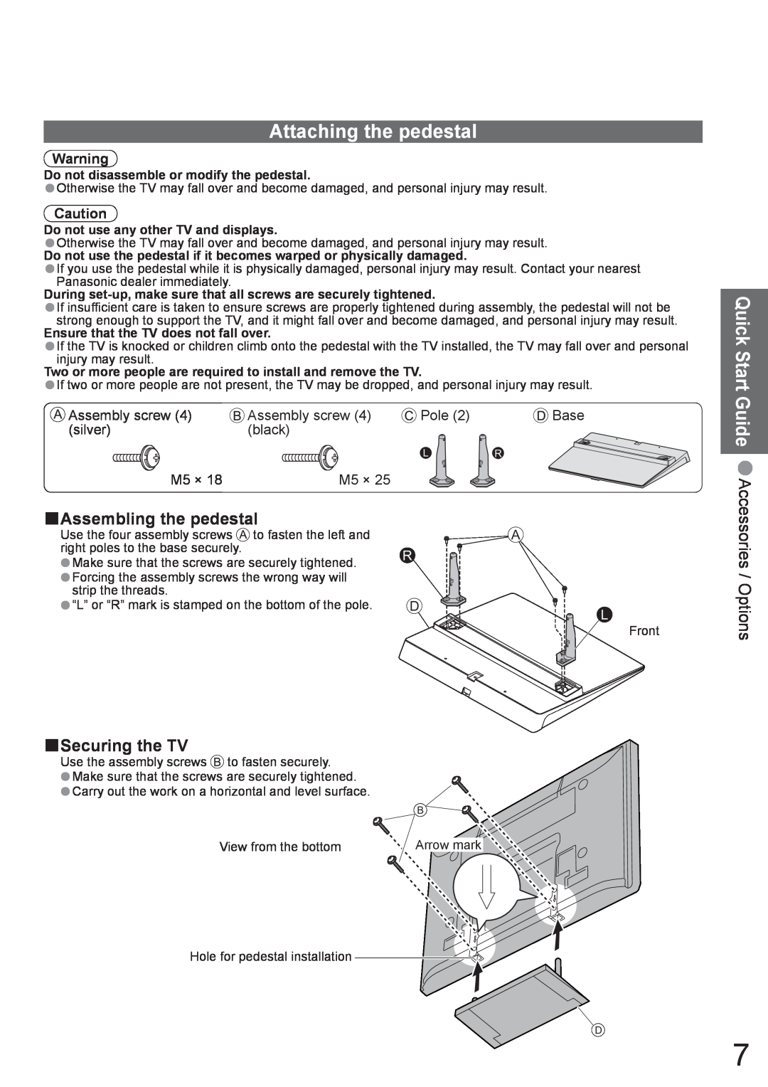 Panasonic TH-42PV80AZ Attaching the pedestal, Quick Start Guide, Accessories / Options, Assembly screw, Pole, Base, silver 