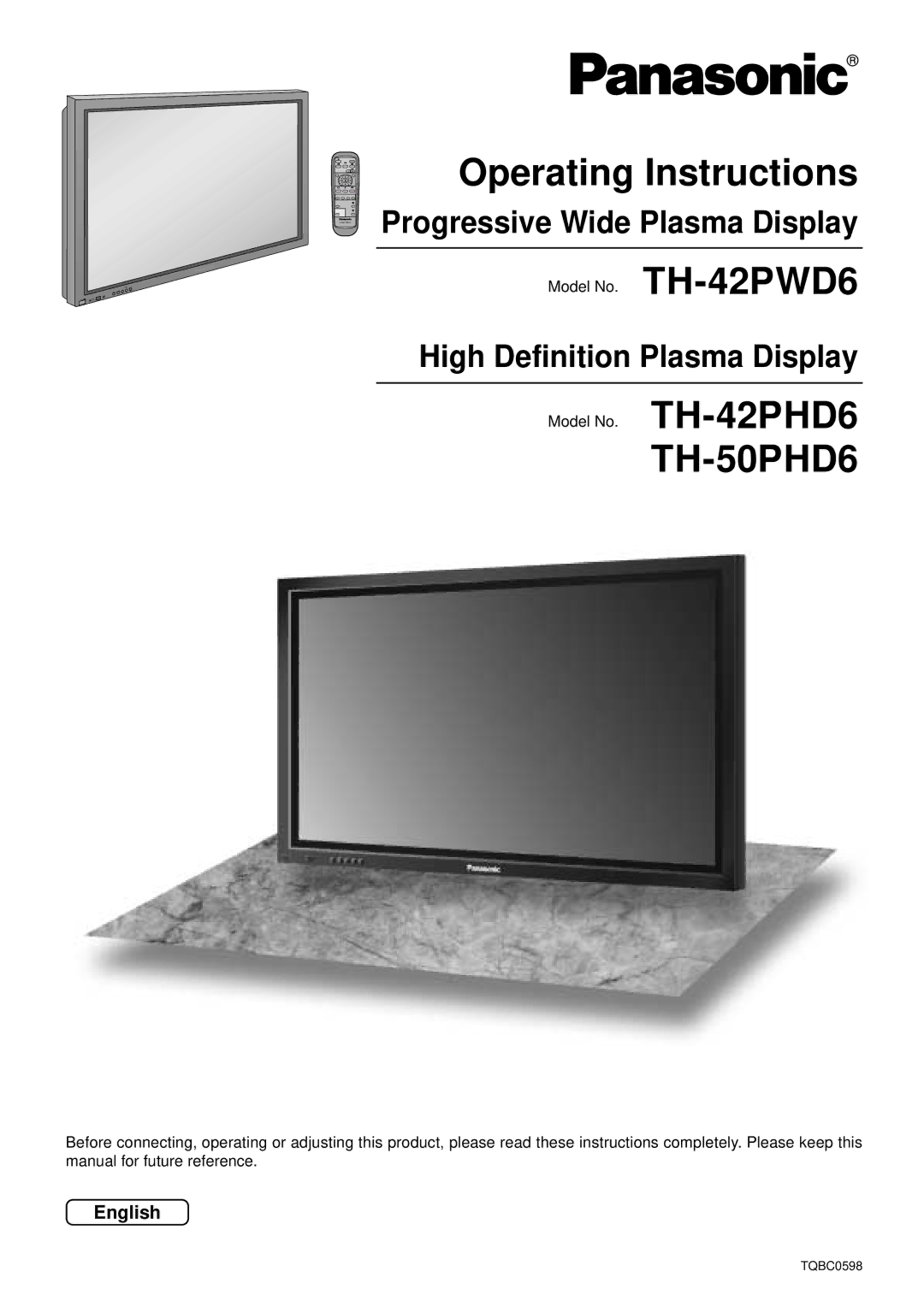 Panasonic TH-42PWD6, TH-50PWD6 operating instructions Operating Instructions, High Definition Plasma Display, English 