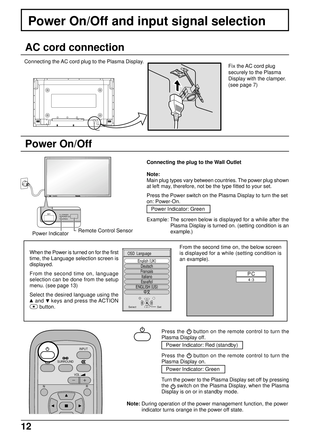 Panasonic TH-50PWD6 Power On/Off and input signal selection, AC cord connection, Connecting the plug to the Wall Outlet 