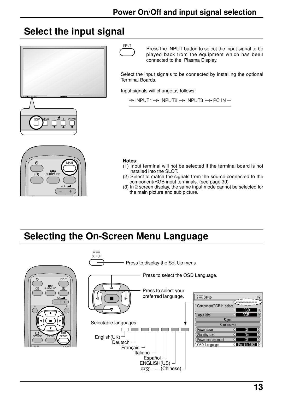 Panasonic TH-42PWD6 Select the input signal, Selecting the On-Screen Menu Language, INPUT1 INPUT2 INPUT3, Englishus 