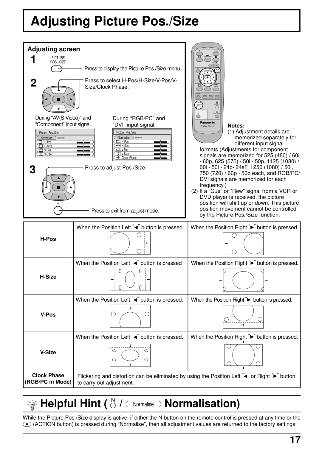 Panasonic TH-42PWD6, TH-50PWD6 Adjusting Picture Pos./Size, Helpful Hint N / Normalise Normalisation, Adjusting screen 