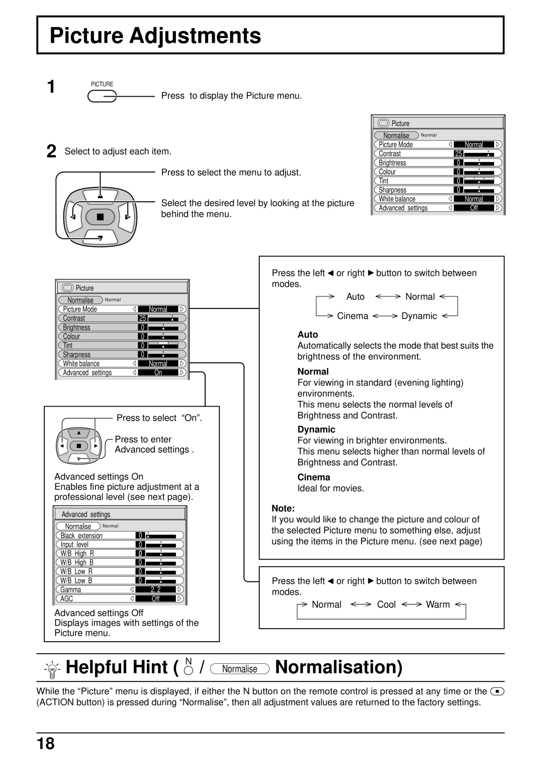 Panasonic TH-50PWD6, TH-42PWD6 operating instructions Picture Adjustments, Normal, Dynamic, Cinema 