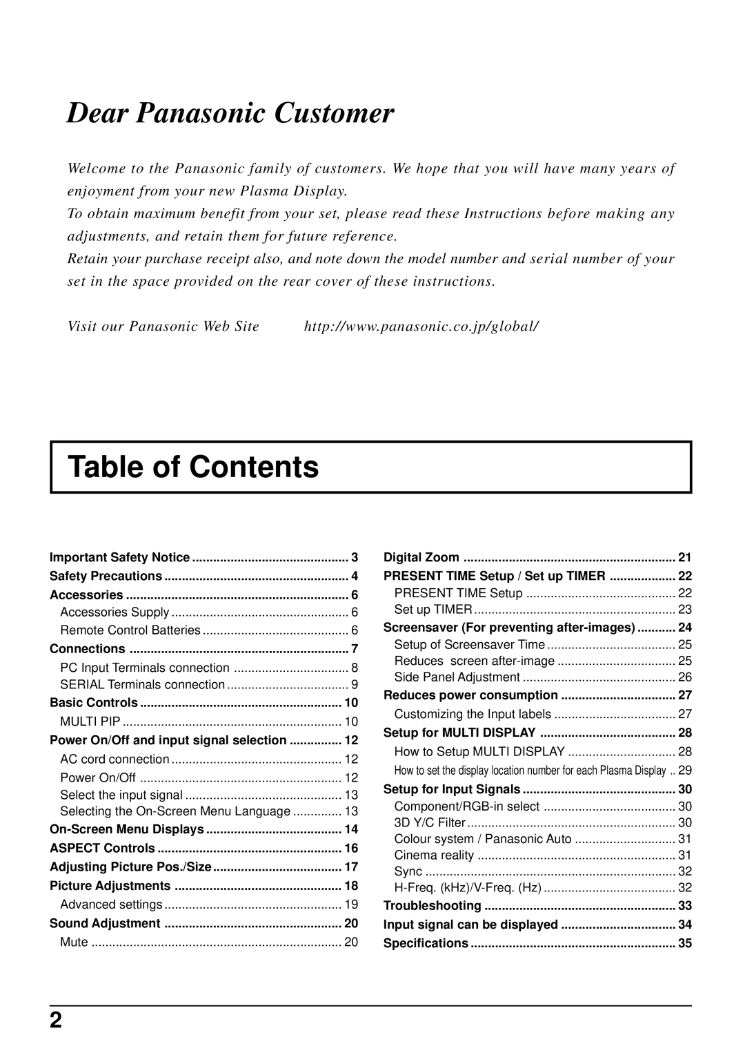 Panasonic TH-50PWD6, TH-42PWD6 operating instructions Table of Contents 