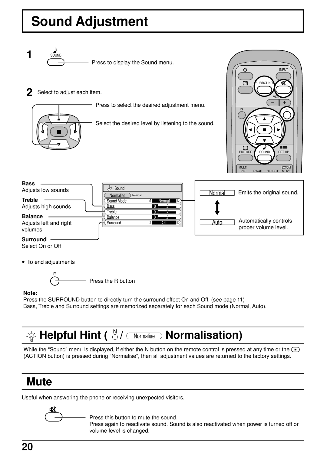 Panasonic TH-50PWD6, TH-42PWD6 operating instructions Sound Adjustment, Mute 