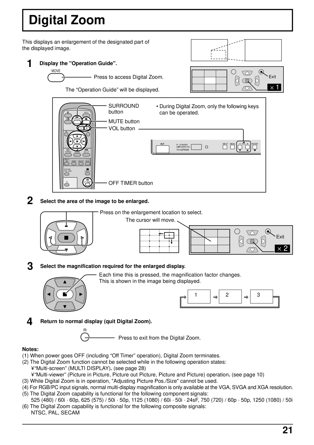 Panasonic TH-42PWD6, TH-50PWD6 Digital Zoom, Display the Operation Guide, Select the area of the image to be enlarged 