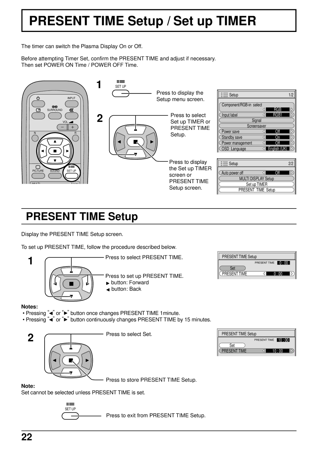 Panasonic TH-50PWD6 Present Time Setup / Set up Timer, Press to select Set, Press to exit from Present Time Setup 