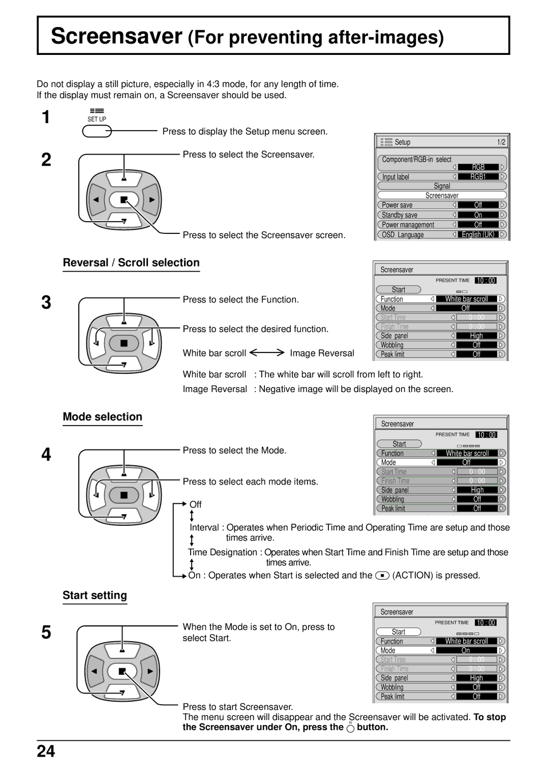 Panasonic TH-50PWD6 Screensaver For preventing after-images, Reversal / Scroll selection, Mode selection, Start setting 