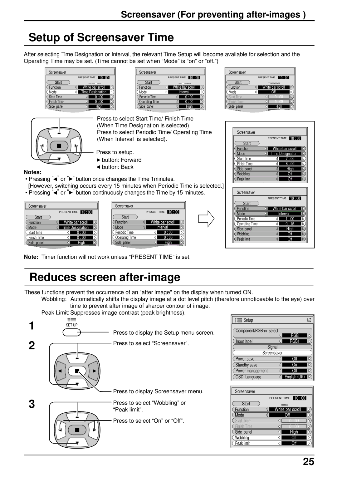 Panasonic TH-42PWD6, TH-50PWD6 Setup of Screensaver Time, Reduces screen after-image, Press to select Screensaver 