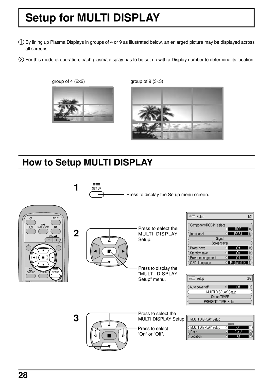 Panasonic TH-50PWD6, TH-42PWD6 operating instructions Setup for Multi Display, How to Setup Multi Display 