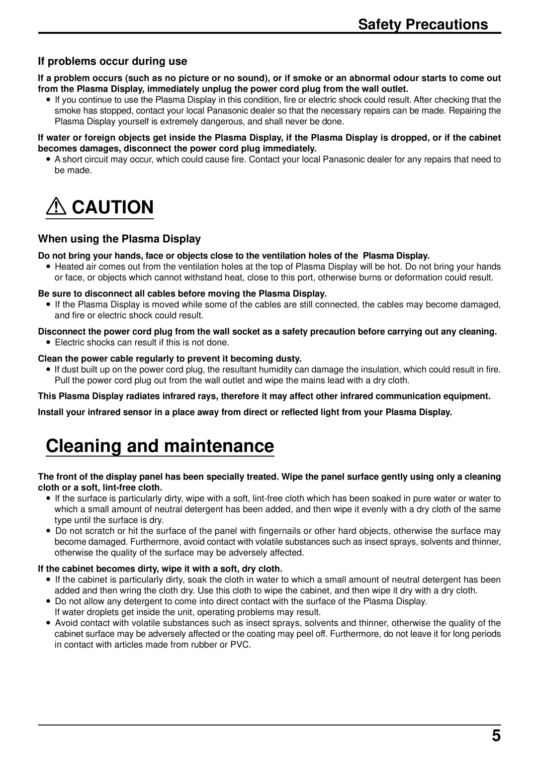 Panasonic TH-42PWD6 Cleaning and maintenance, If problems occur during use, Electric shocks can result if this is not done 