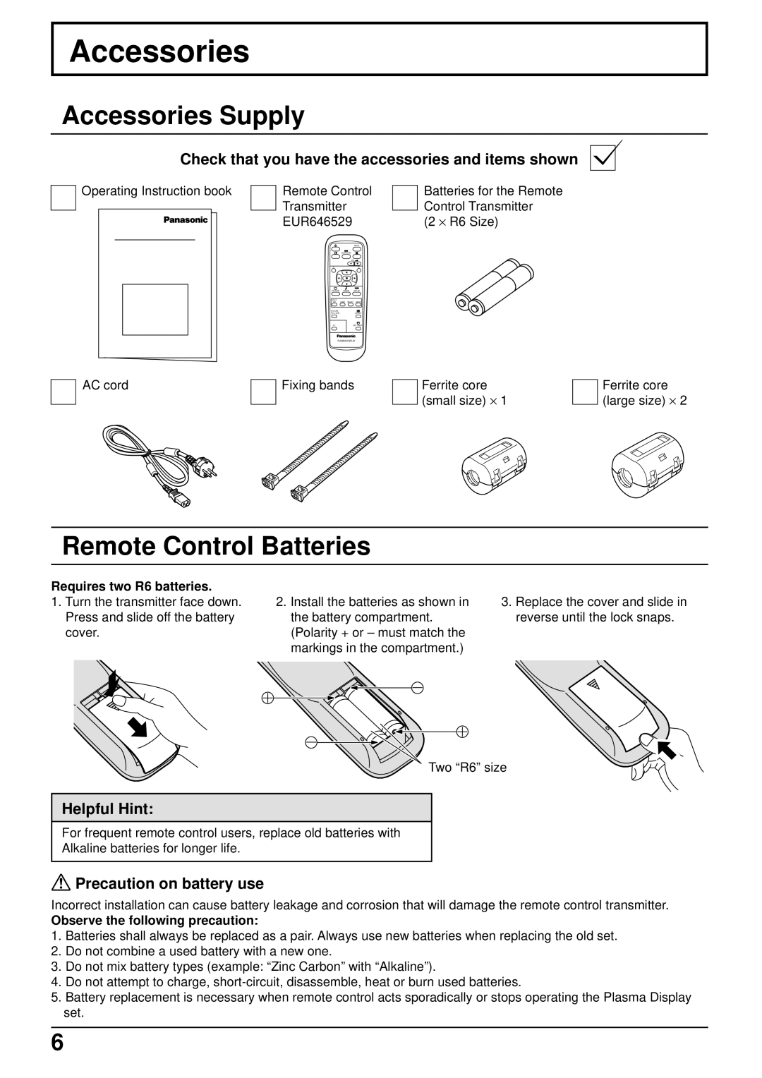 Panasonic TH-50PWD6, TH-42PWD6 operating instructions Accessories Supply, Remote Control Batteries 