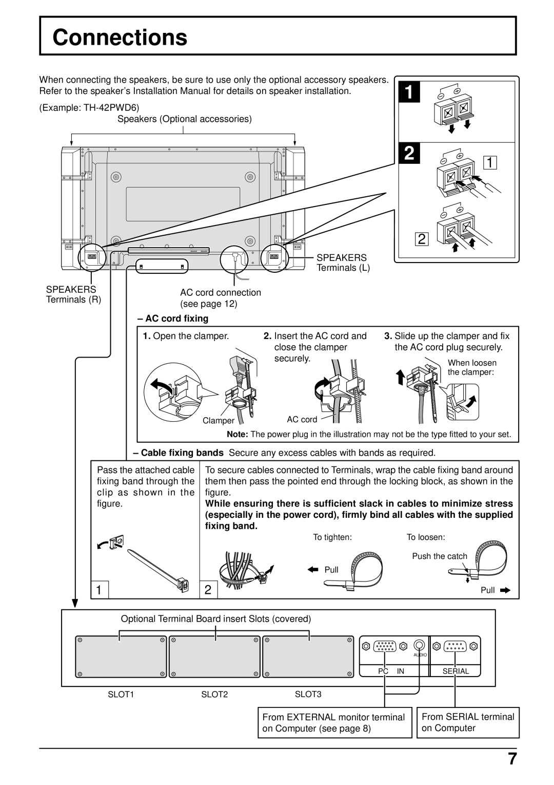 Panasonic TH-42PWD6, TH-50PWD6 Connections, Terminals L Speakers Terminals R AC cord connection see, AC cord fixing 