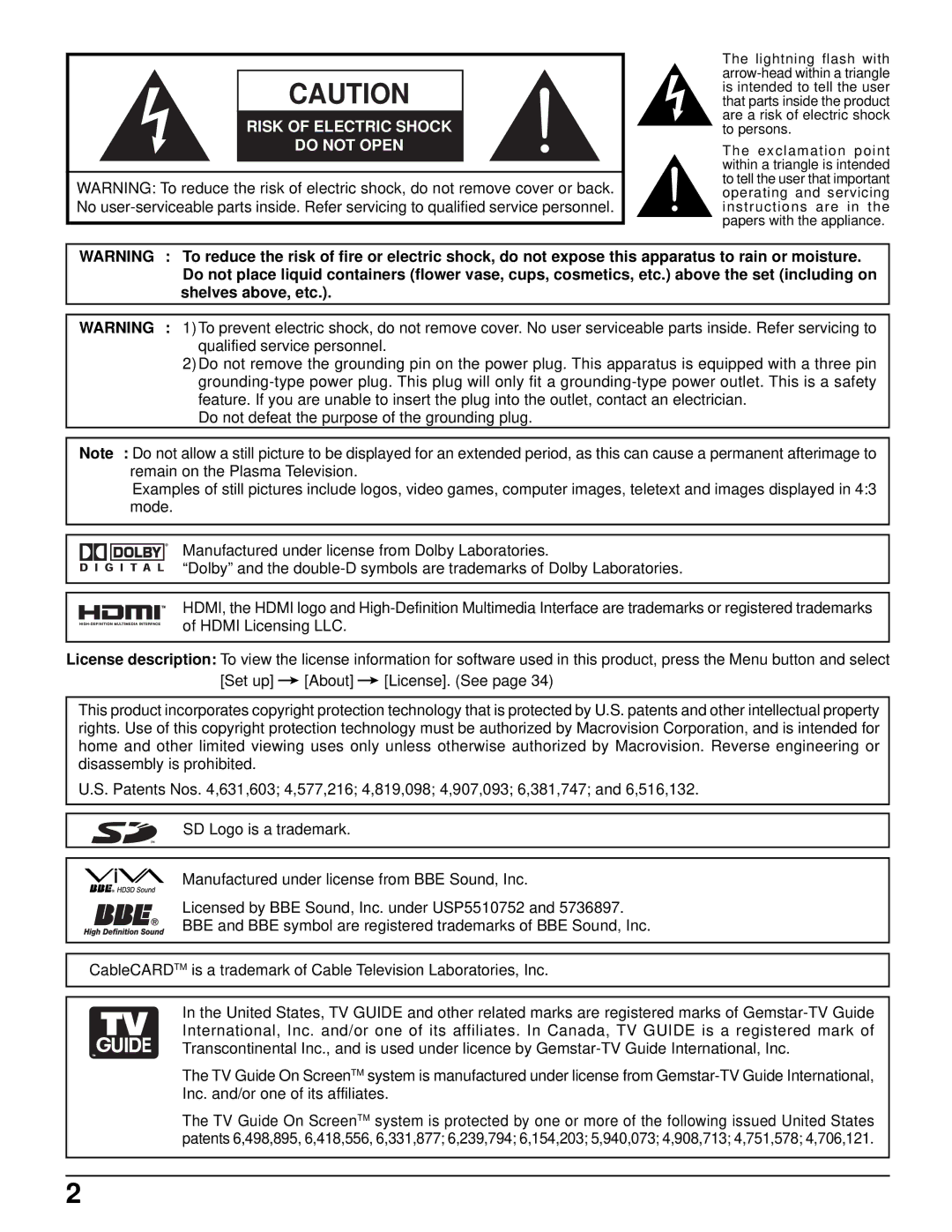 Panasonic TH-50PX500U, TH-42PX500U manual Risk of Electric Shock Do not Open 