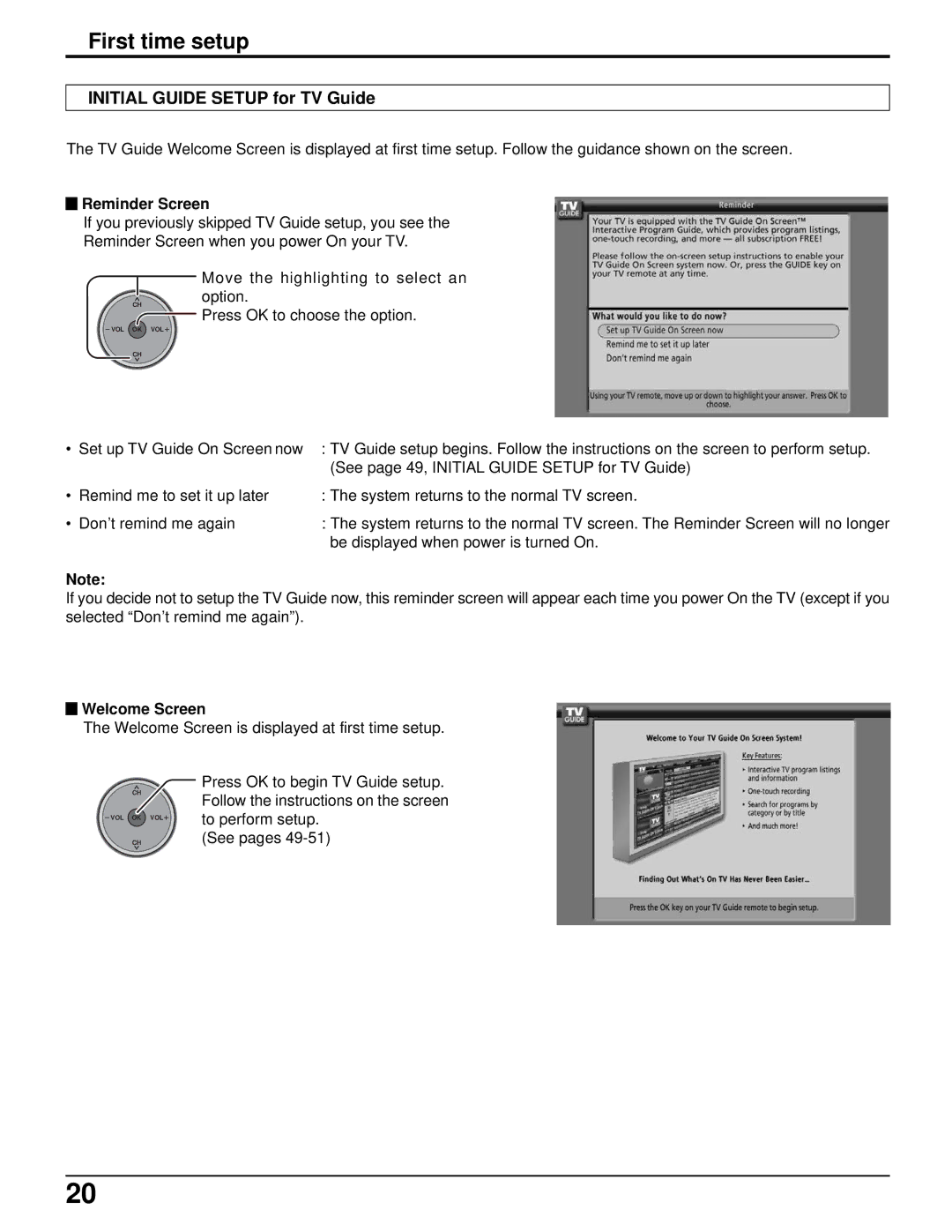 Panasonic TH-50PX500U, TH-42PX500U manual Initial Guide Setup for TV Guide, Reminder Screen, Welcome Screen 