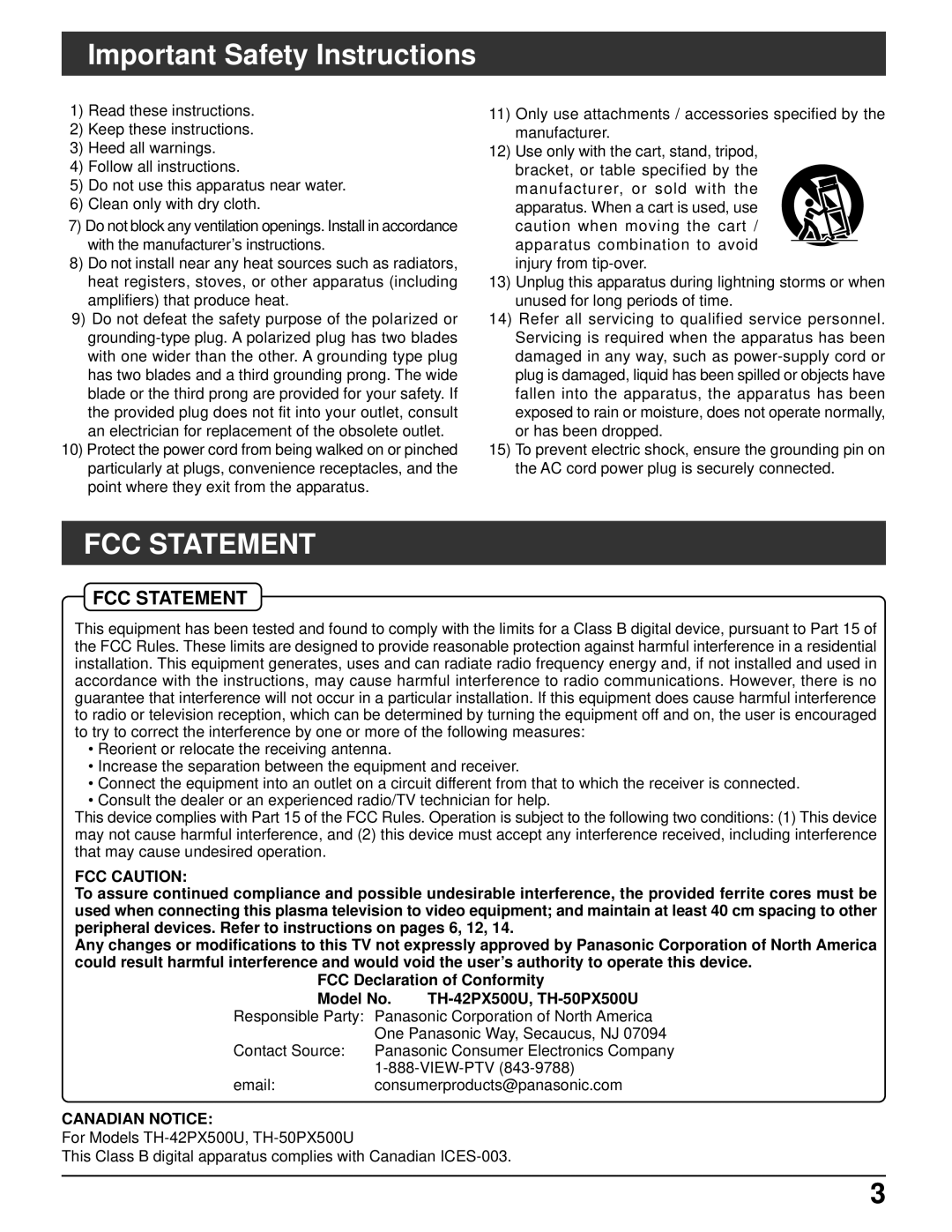 Panasonic TH-42PX500U, TH-50PX500U manual Important Safety Instructions, FCC Statement 