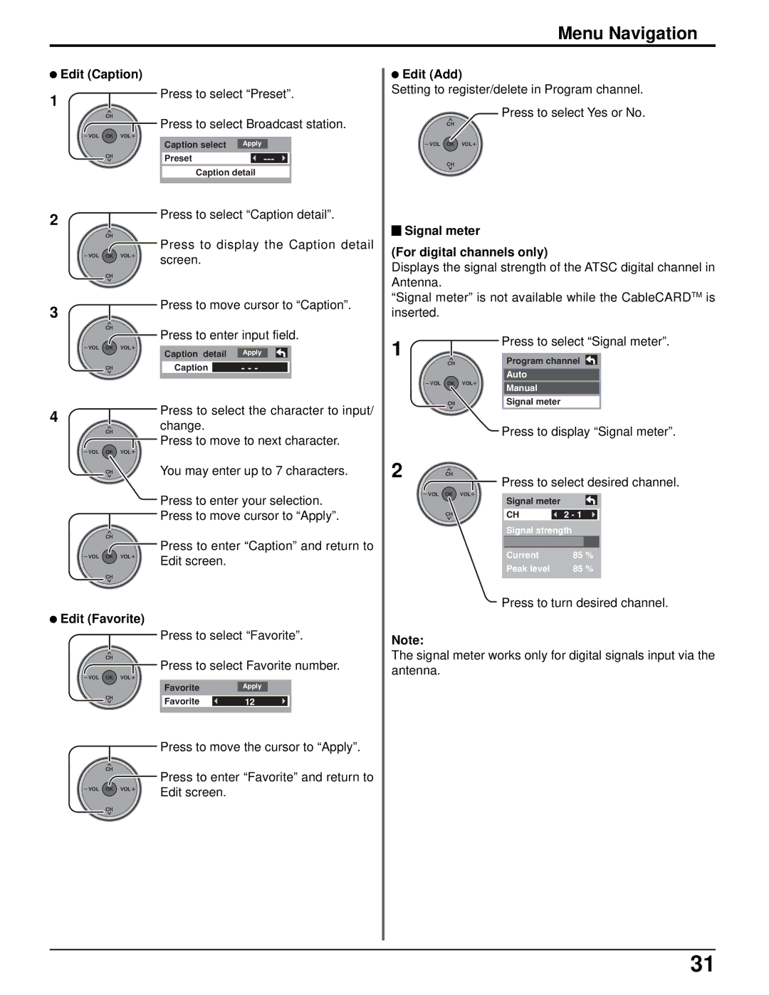 Panasonic TH-42PX500U, TH-50PX500U manual Edit Caption, Edit Favorite, Edit Add, Signal meter For digital channels only 
