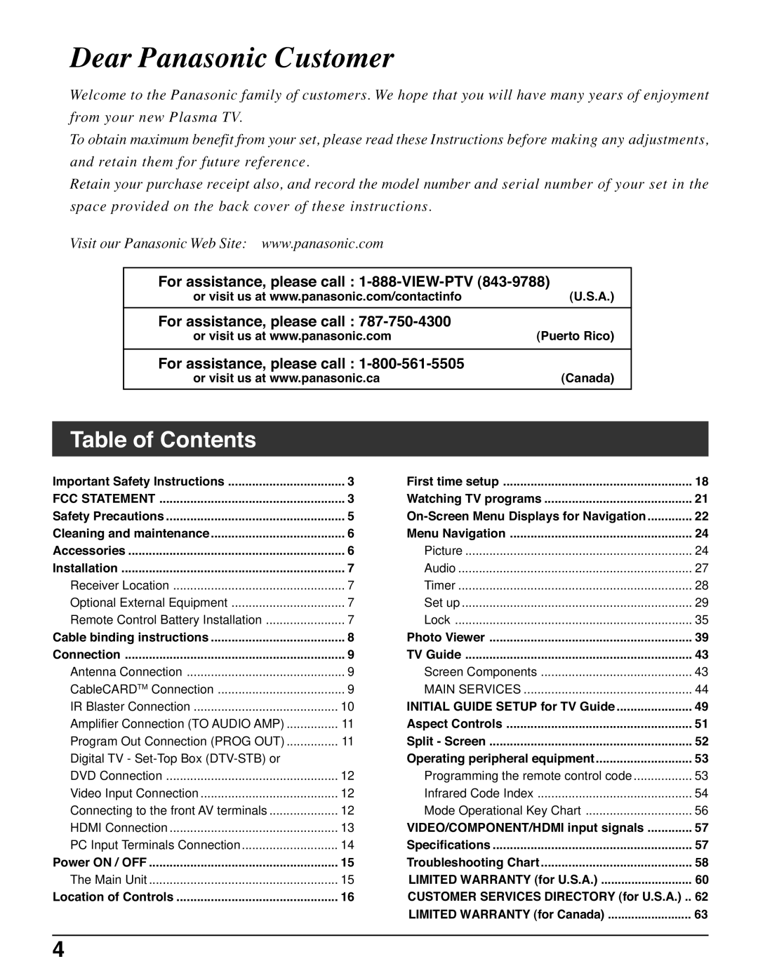 Panasonic TH-50PX500U, TH-42PX500U manual Dear Panasonic Customer 