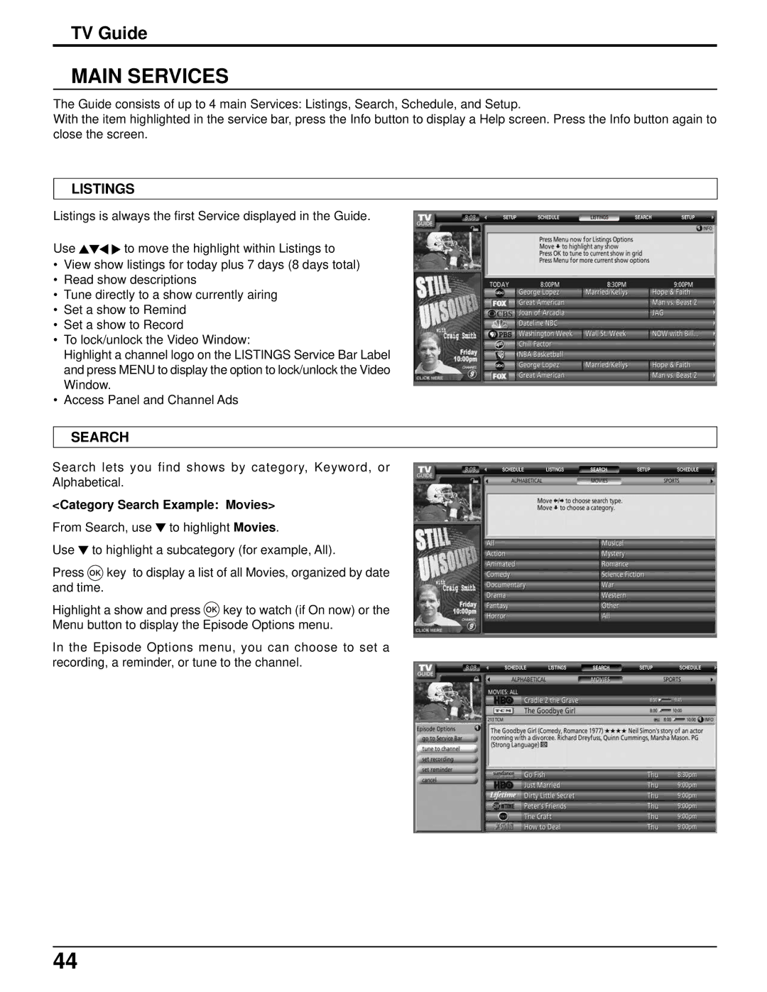 Panasonic TH-50PX500U, TH-42PX500U manual Main Services, Category Search Example Movies 