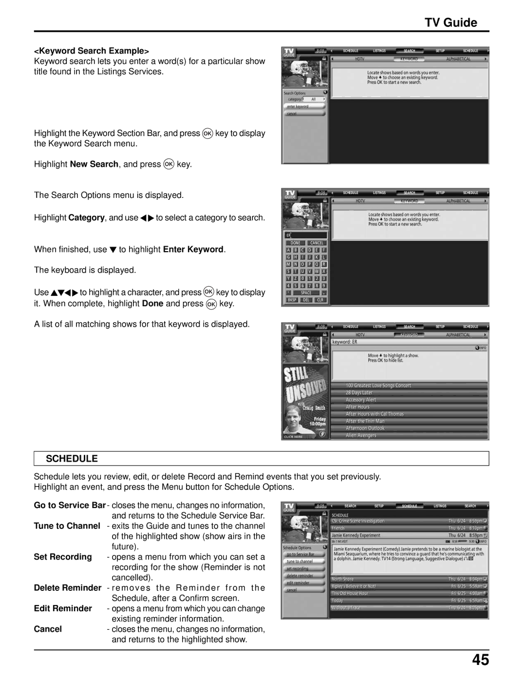 Panasonic TH-42PX500U, TH-50PX500U manual Schedule, Keyword Search Example 