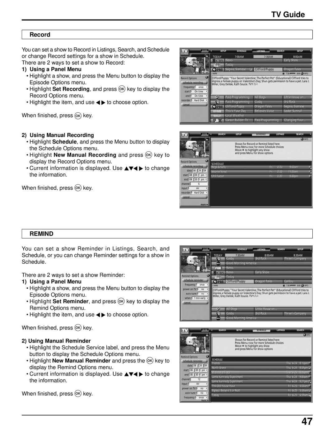 Panasonic TH-42PX500U, TH-50PX500U manual Using a Panel Menu, Using Manual Recording, Using Manual Reminder 