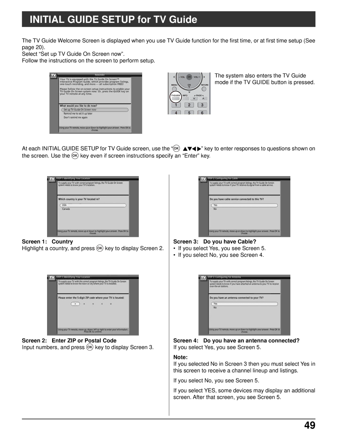 Panasonic TH-42PX500U, TH-50PX500U Initial Guide Setup for TV Guide, Screen 1 Country, Screen 2 Enter ZIP or Postal Code 