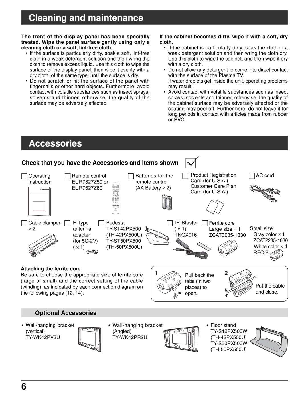 Panasonic TH-50PX500U, TH-42PX500U manual Cleaning and maintenance, Accessories, Attaching the ferrite core 