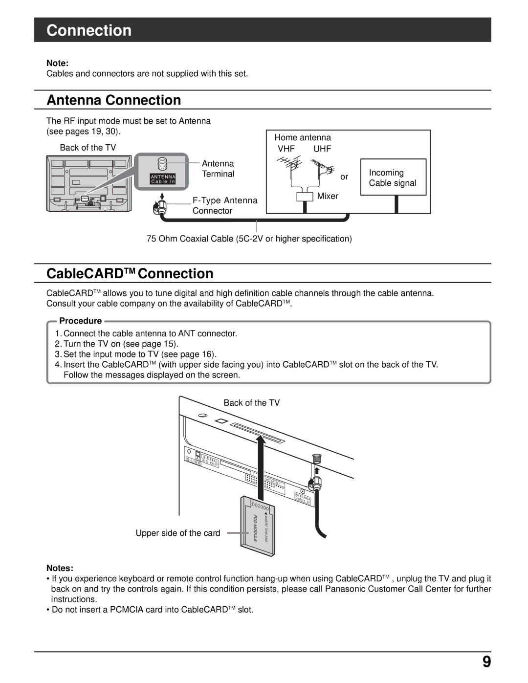 Panasonic TH-42PX500U, TH-50PX500U manual Antenna Connection, CableCARDTM Connection, Procedure 