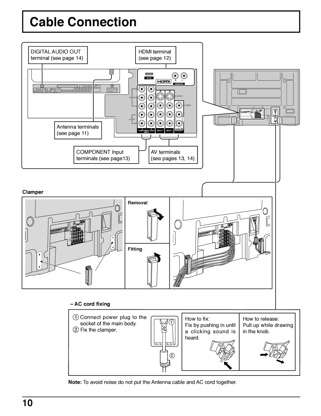 Panasonic TH 42PX50U, TH 50PX50U, TH 37PX50U Cable Connection, Antenna terminals, See, Clamper, AC cord fixing 