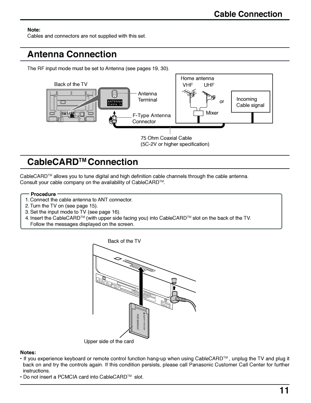 Panasonic TH 37PX50U, TH 50PX50U, TH 42PX50U Antenna Connection, CableCARDTM Connection, Cable Connection, Procedure 