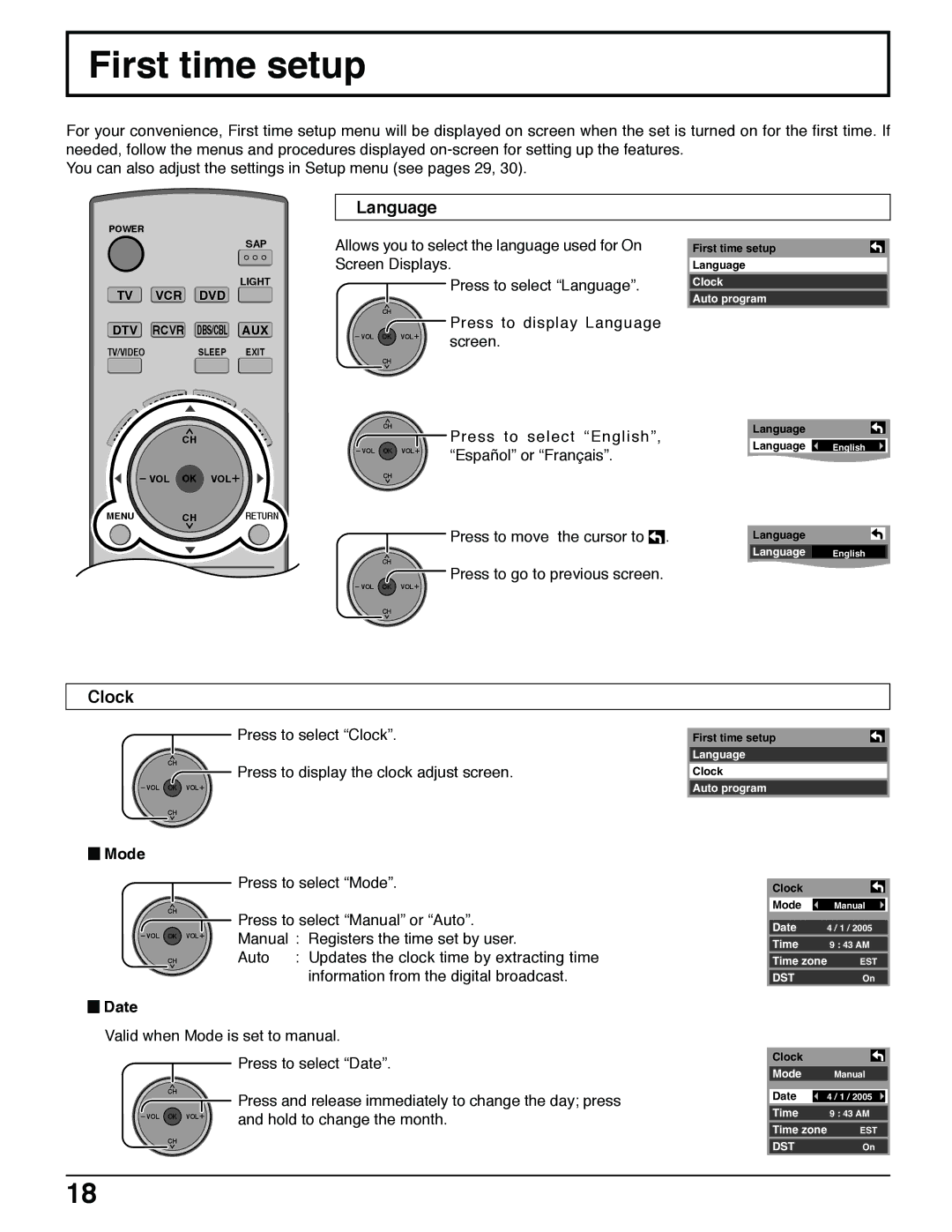 Panasonic TH 50PX50U, TH 42PX50U, TH 37PX50U operating instructions First time setup, Language, Clock 