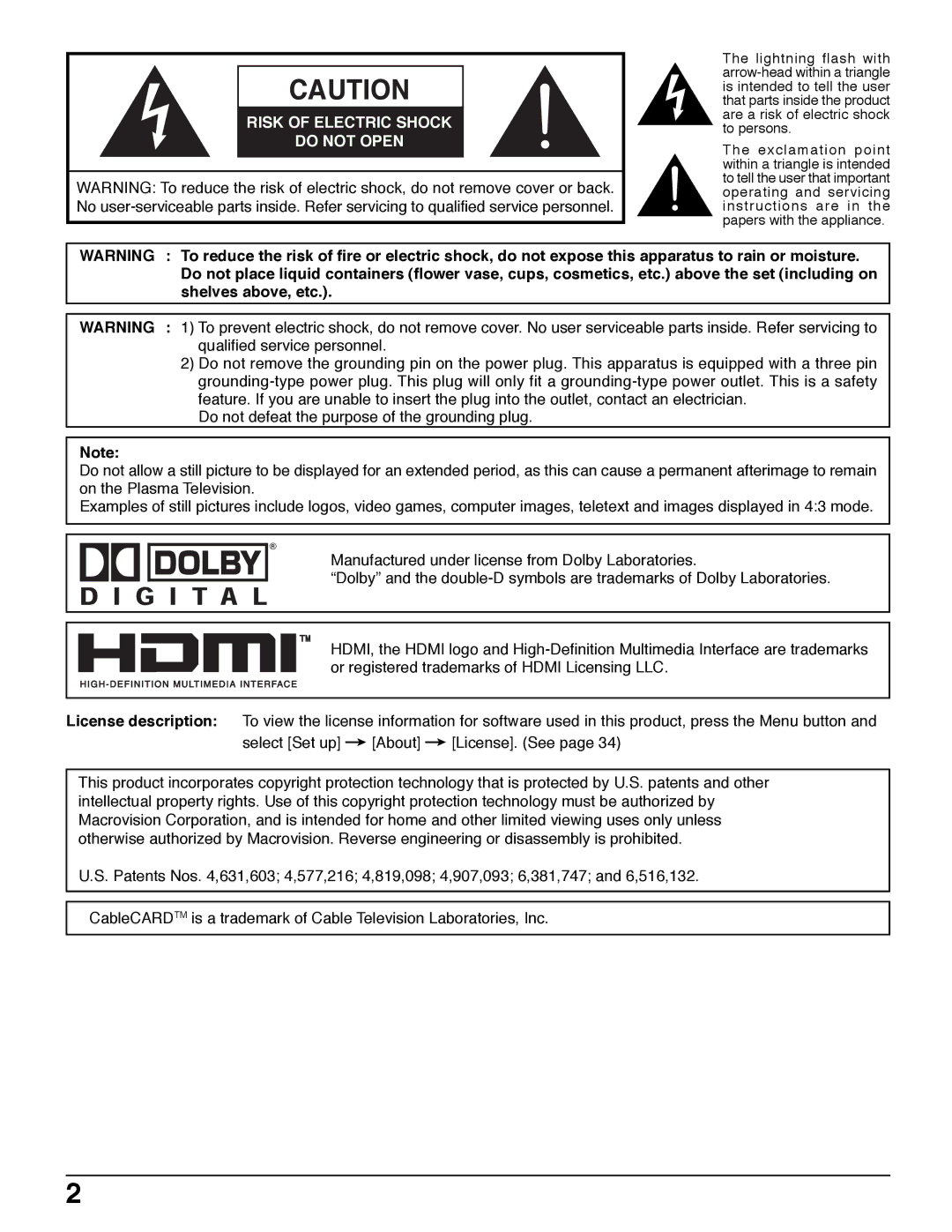 Panasonic TH 37PX50U, TH 50PX50U, TH 42PX50U operating instructions Risk of Electric Shock Do not Open 