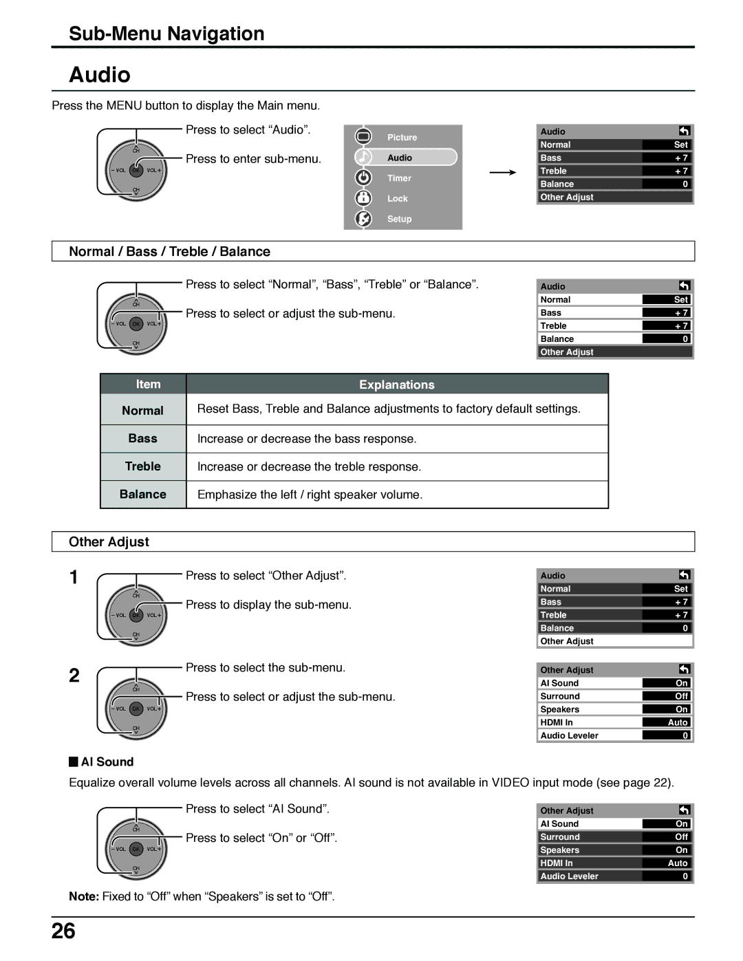 Panasonic TH 37PX50U, TH 50PX50U, TH 42PX50U Audio, Normal / Bass / Treble / Balance, Normal Bass Treble Balance 