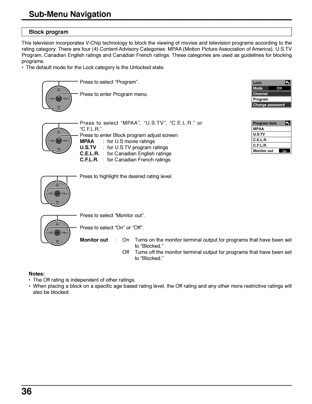 Panasonic TH 50PX50U Block program, Press to select Monitor out Press to select On or Off, Monitor out On, To Blocked 