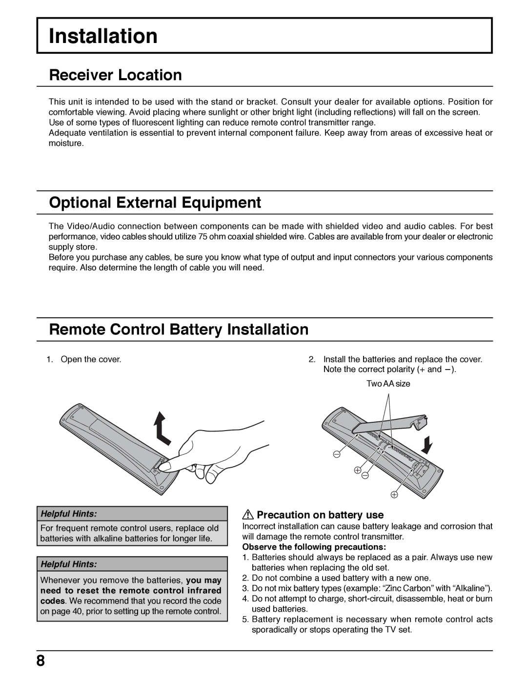 Panasonic TH 37PX50U, TH 50PX50U Receiver Location, Optional External Equipment, Remote Control Battery Installation 