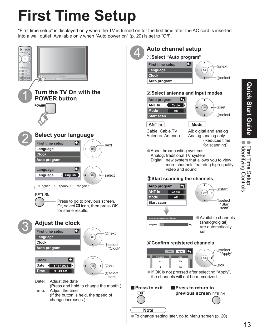 Panasonic TH-50PX60X First Time Setup, Turn the TV On with the Power button Select your language, Auto channel setup 