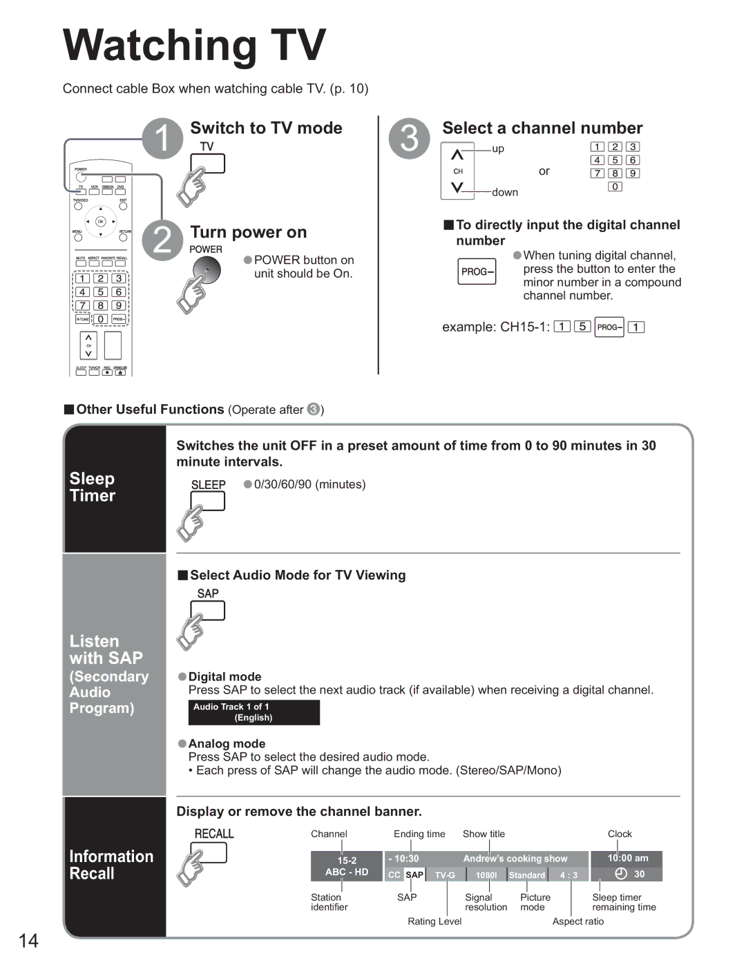 Panasonic TH-42PX60U Watching TV, Switch to TV mode Turn power on, Select a channel numberup, Sleep Timer, Listen with SAP 