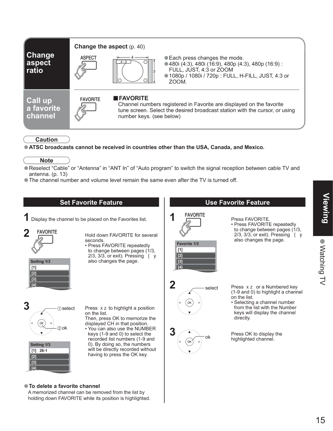 Panasonic TH 50PX60U, TH-58PX60U Change aspect ratio Call up Favorite channel, Set Favorite Feature Use Favorite Feature 