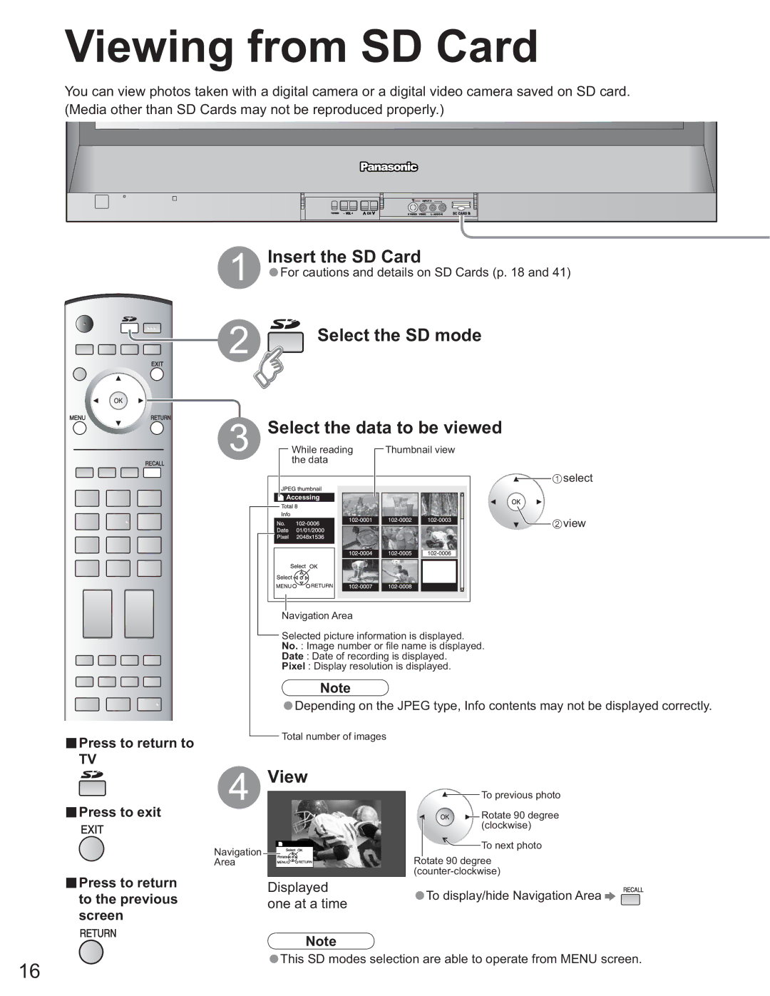 Panasonic TH-58PX60U, TH 50PX60U, TH-37PX60U Insert the SD Card, Select the SD mode, Select the data to be viewed, View 