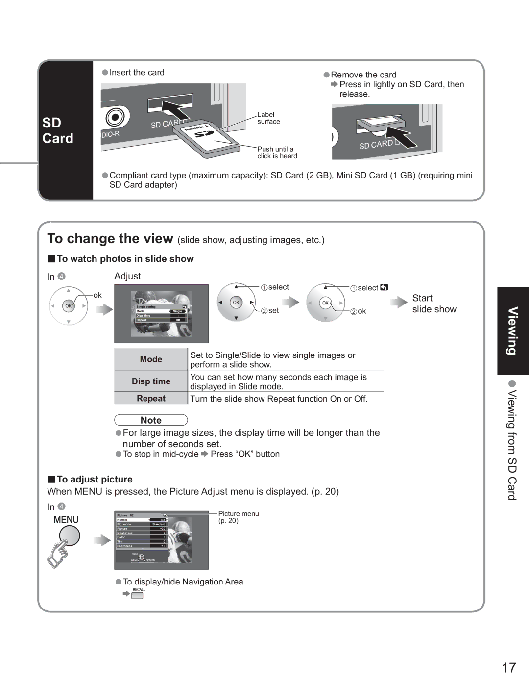 Panasonic TH-37PX60U, TH 50PX60U, TH-58PX60U, TH-50PX60X To watch photos in slide show, To adjust picture, Disp time 